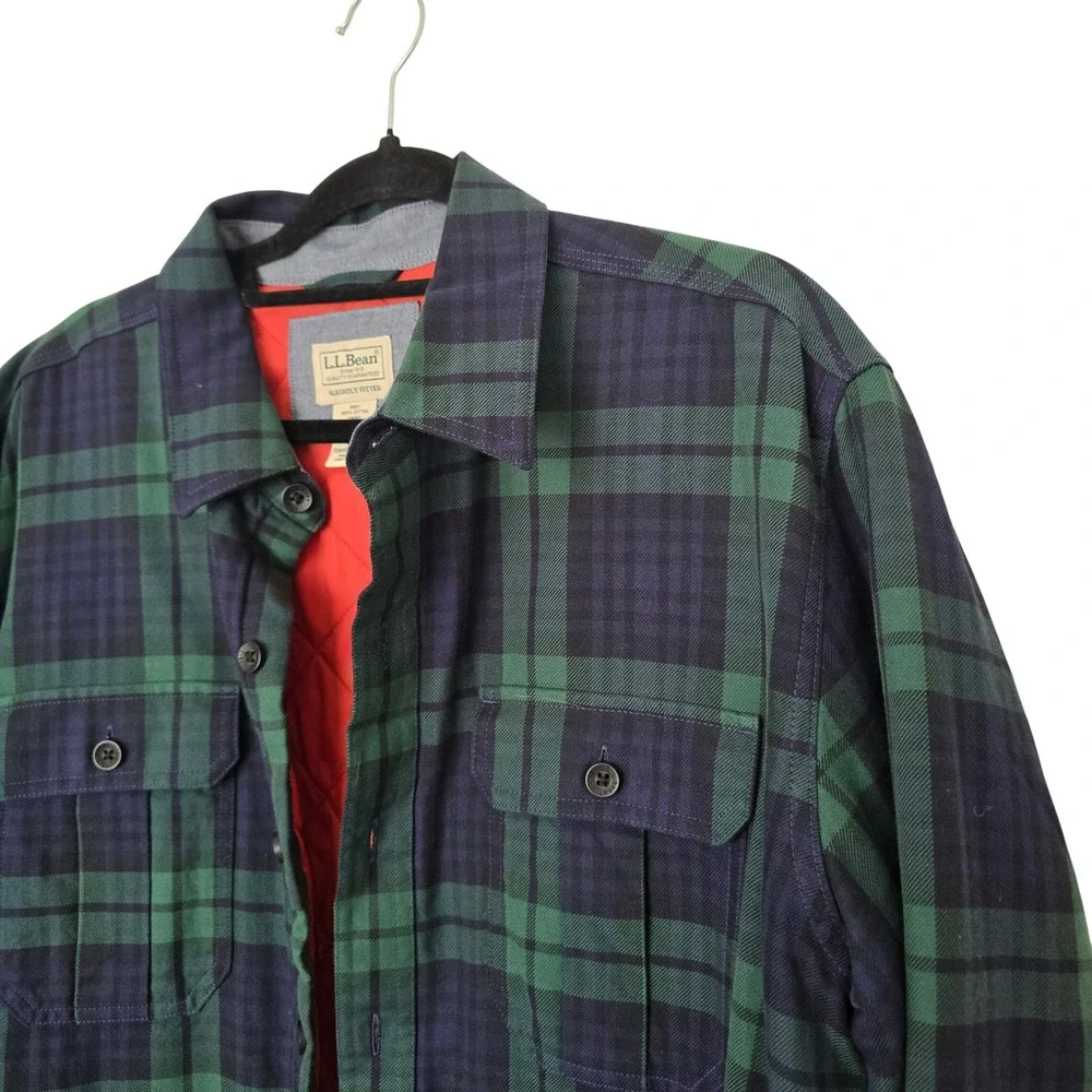 L.L.Bean Quilted Flannel Shirt Jacket Men Large Green Blue Plaid Quilted Shacket